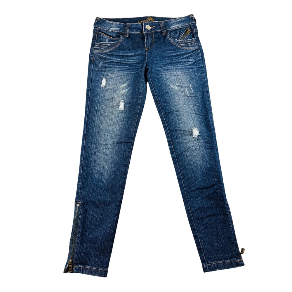 Almost Famous Jeans Women 7 Blue Skinny Stretch Distressed Ankle Zips Streetwear